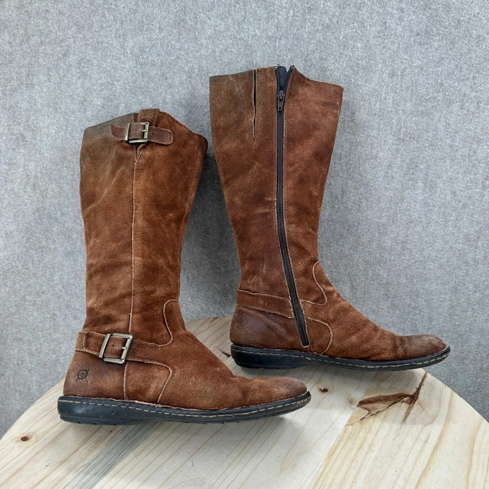 Born Joly Tall Suede Boots Womens 9.5 Brown Double Buckle Strap Knee High Zip